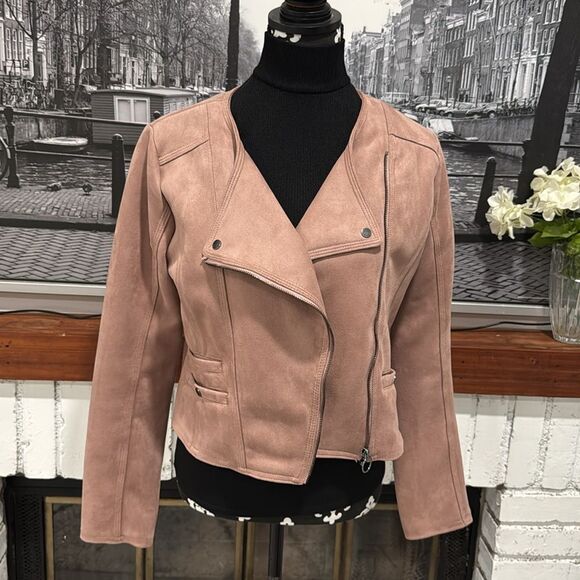 Haute Monde Women Jacket Moto Large Light Blush Pink Full Zip Stretch Faux Suede - Picture 1 of 7